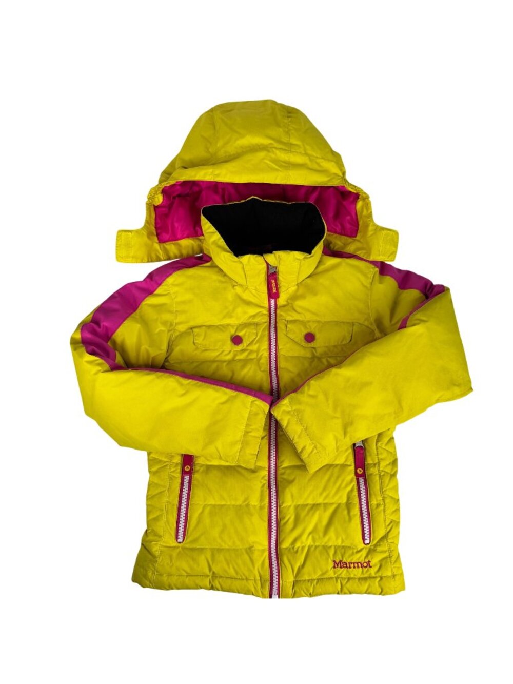 Marmot Girls Puffer Down Jacket Yellow Pink XS Warm Insulated Hooded Windproof